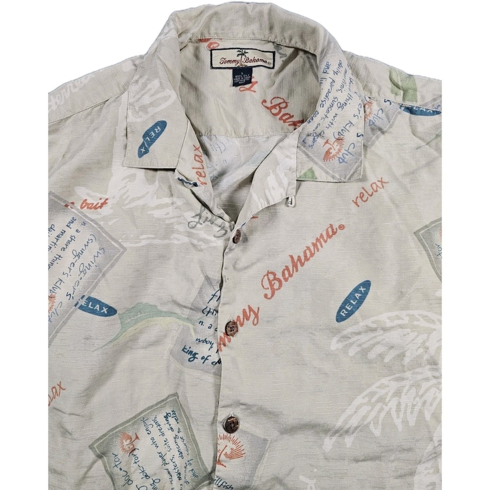 Tommy Bahama Mens L 100% Silk Camp Shirt Relax Postcard Print Coconut Buttons